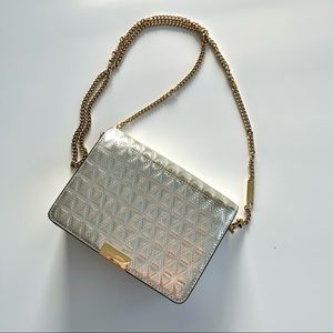Michael Kors Jade Medium Gusset Clutch with Crossbody Chain in Champagne